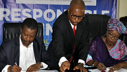 (L-r): Sesan Sobowale, director, Corporate Relations, Guinness Nigeria Plc; Ahmed Tijani Ibrahim, director, Legal Services National Youth Service Corp, and Rhoda Kaka Kwaki, director, Community Development Services, NYSC, during the signing of Memorandum of Understanding between Guinness and NYSC on Responsible Drinking Campaign Initiative held in Abuja, recently.